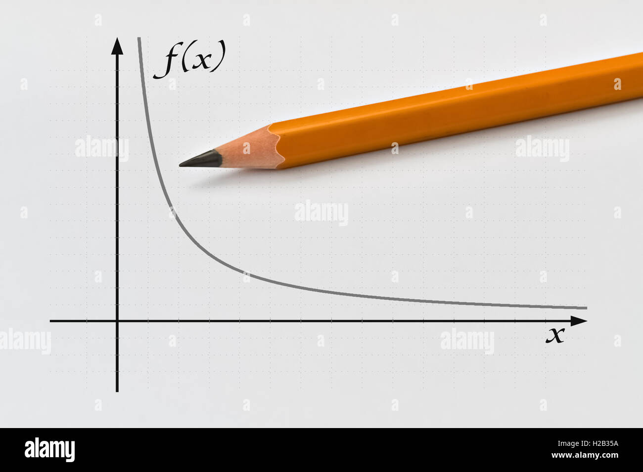 Graph einer Funktion umgekehrt proportional und gelbe Bleistift Stockfoto