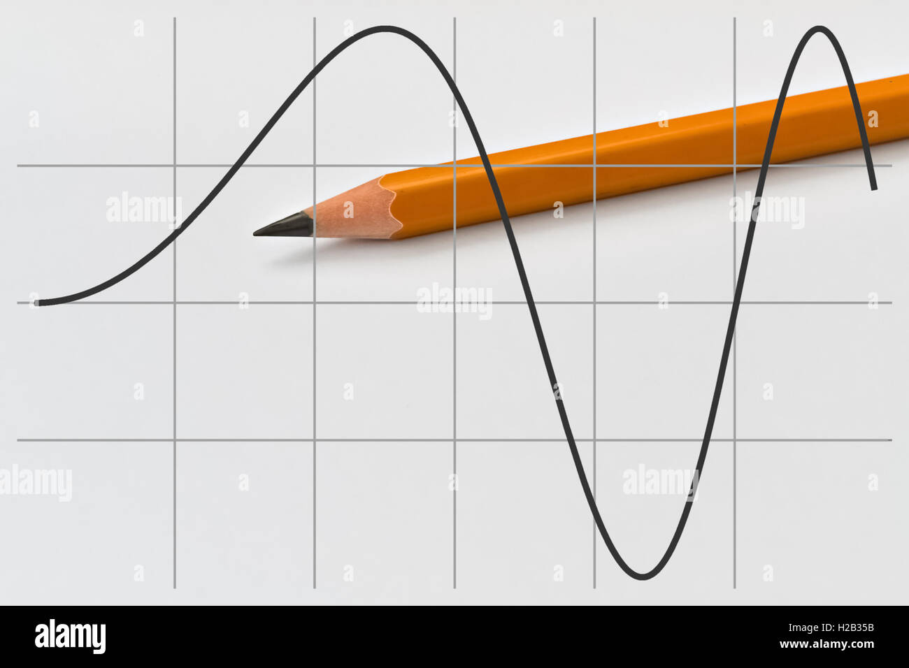 Diagramm eines Teils der Sinus-Funktion und gelben Bleistift Stockfoto
