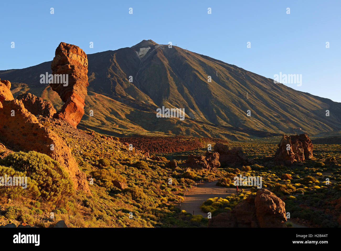 Roques de Garcia, den Teide, Las Canadas, Sunrise, Teide Nationalpark, UNESCO-Weltkulturerbe, Teneriffa, Spanien Stockfoto