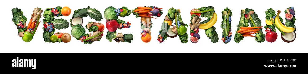 Vegetarisch Vegetarier und Veganer Konzept oder Veganismus Lifestyle-Ikone als Gruppe Obst Gemüse Nüsse und Bohnen als Text isoliert auf weiss als Symbol für das Essen grüne biologische Naturkost gesunde Ernährung geprägt. Stockfoto