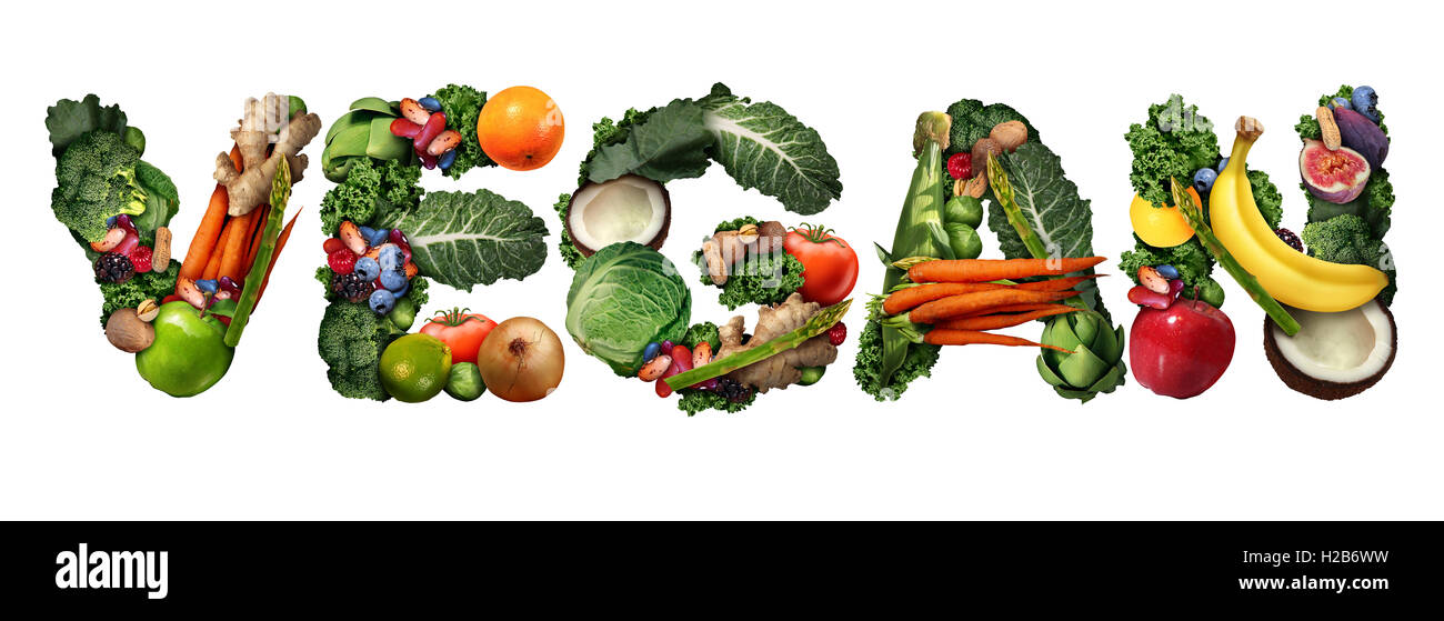 Vegan-Konzept und Veganismus Lifestyle-Ikone als Gruppe Obst Gemüse Nüsse und Bohnen als Text isoliert auf einem weißen Hintergrund als Symbol für das Essen grüne biologische Naturkost gesunde Ernährung geprägt. Stockfoto