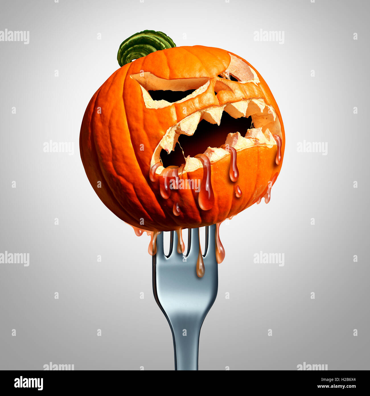Halloween Thanksgiving Essen Symbol als ein Kürbis Jack-o-Laterne mit einer Gabel durch sie als Herbst saisonale Speisen oder Ernte Zeit Snack Konzept mit 3D Abbildung Elemente. Stockfoto