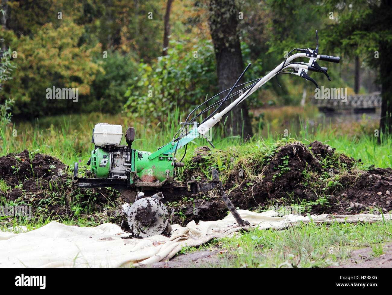 Motor-Motorhacke Gartenfräse in Gattschina Park arbeitet auf dem Boden warten auf Arbeit Stockfoto