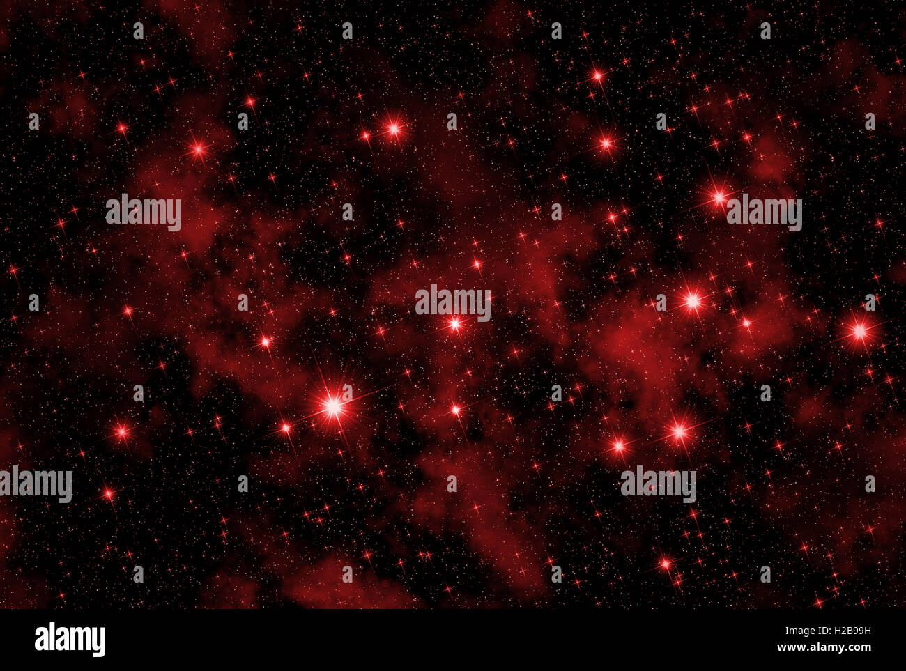 Abbildung, die zeigt, ein Universum-Konzept mit dem Raum überfüllt von rot funkelten funkelnden Sternen und Nebeln. Stockfoto