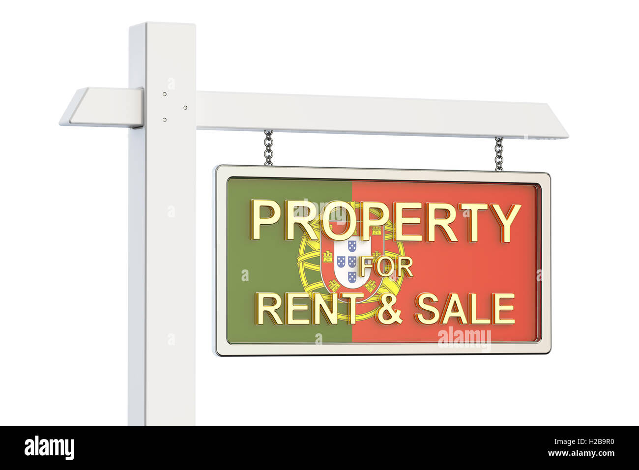 Immobilien zum Verkauf und zur Miete in Portugal-Konzept. Schild von Immobilienmakler, 3D-Rendering isolierten auf weißen Hintergrund Stockfoto