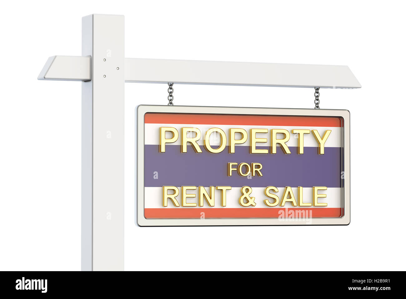 Immobilien zum Verkauf und zur Miete in Thailand-Konzept. Schild von Immobilienmakler, 3D-Rendering isolierten auf weißen Hintergrund Stockfoto