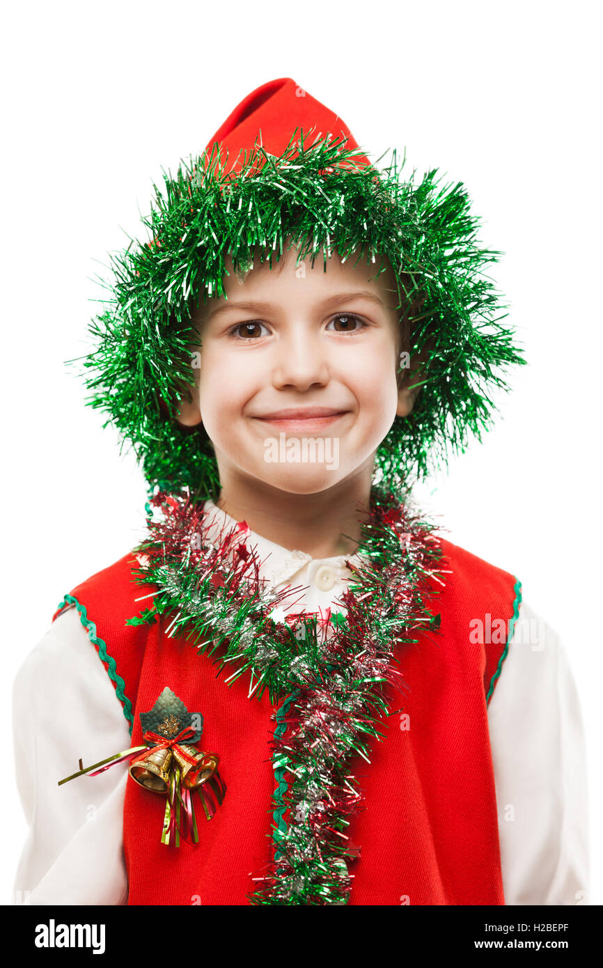 Lächelndes Kind Knabe in Gnome oder Elfe Kostüm Stockfoto
