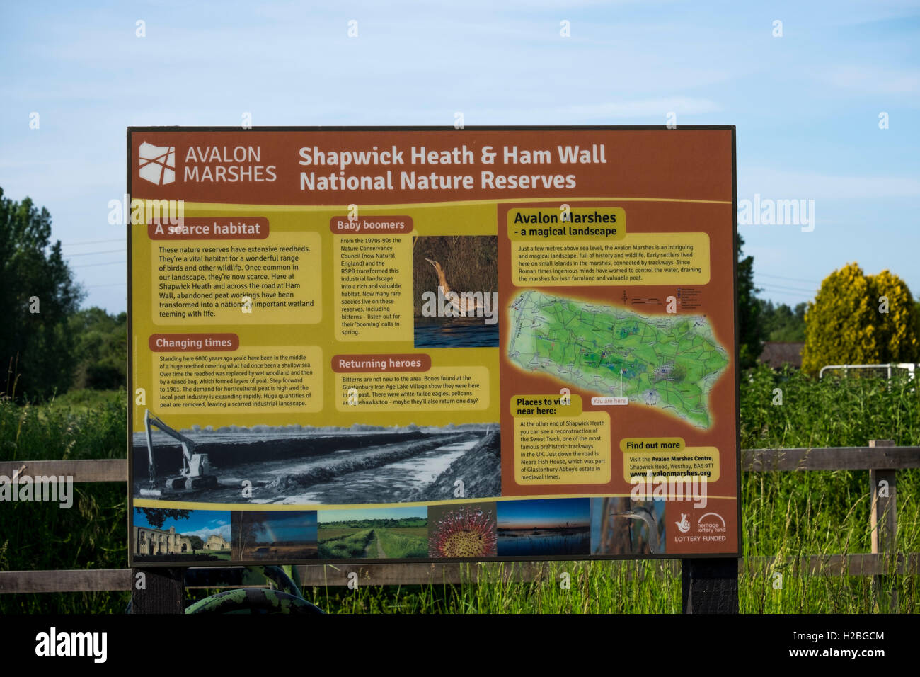 Hinweisschild, Shapwick Heath und Schinken Wand nationale Naturreservate, Teil von Avalon Sümpfe, Somerset Levels, England, UK Stockfoto