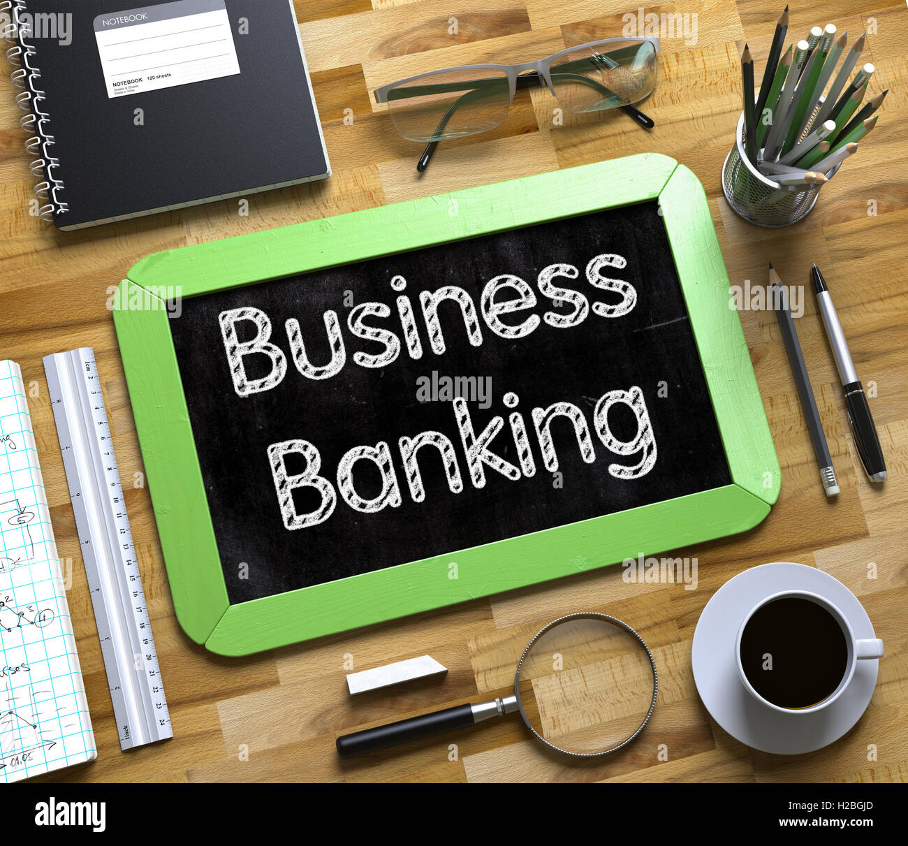 Kleine Tafel mit Business-Banking. 3D. Stockfoto