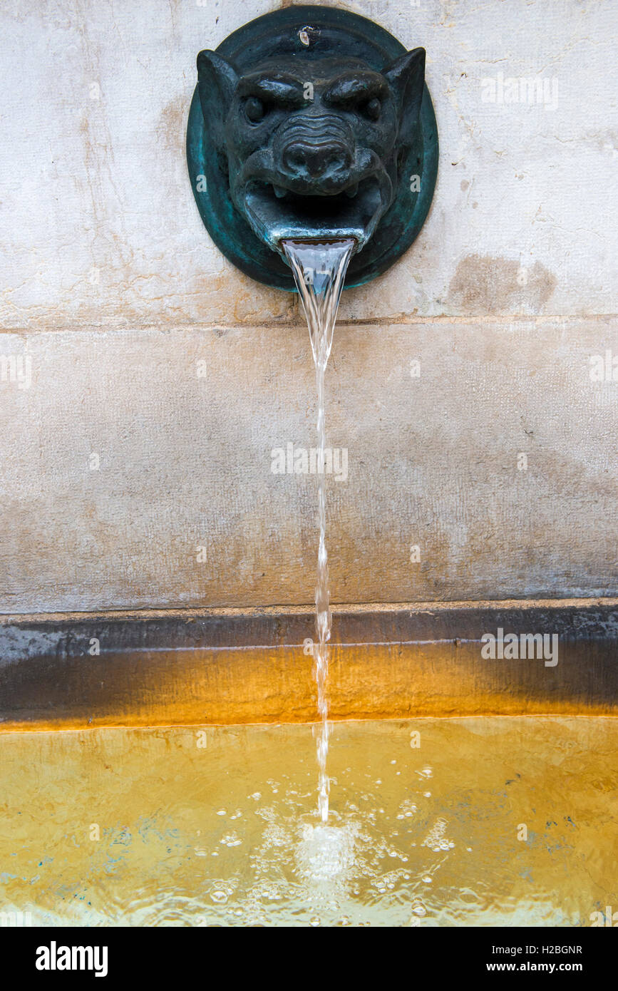 Trinkwasser-Brunnen mit Fantasiefigur, Geneve, Schweiz Stockfoto