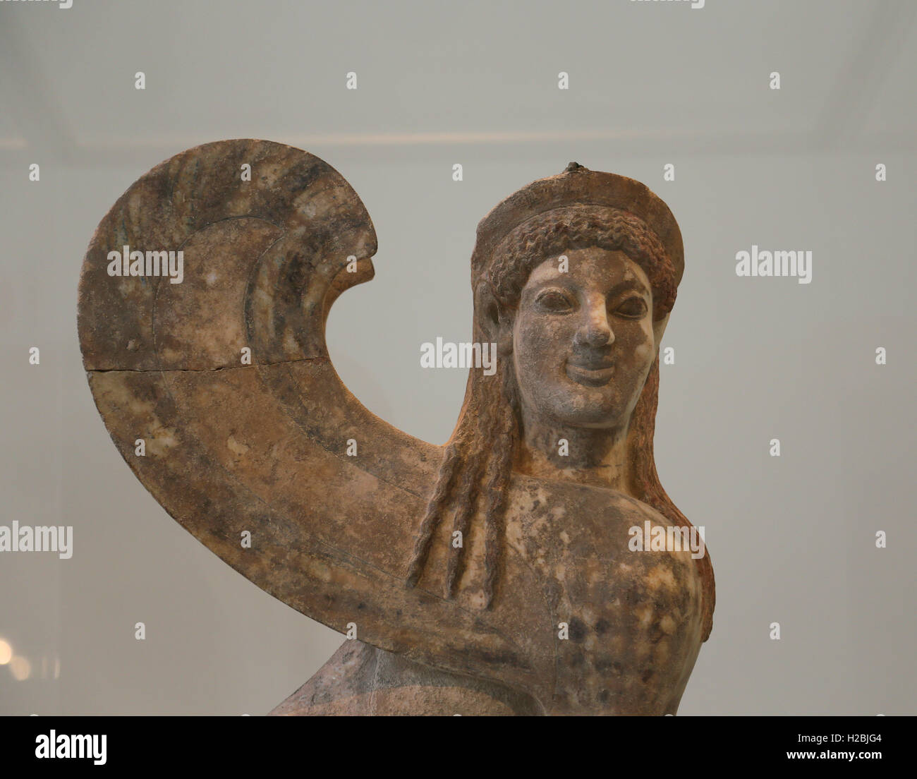 Marmor-Hauptstadt und Kreuzblume in Form einer Sphinx. Griechisch, Dachgeschoss, ca. 530 v. Chr.. Metropolitan Museum of Art. NY. USA. Stockfoto