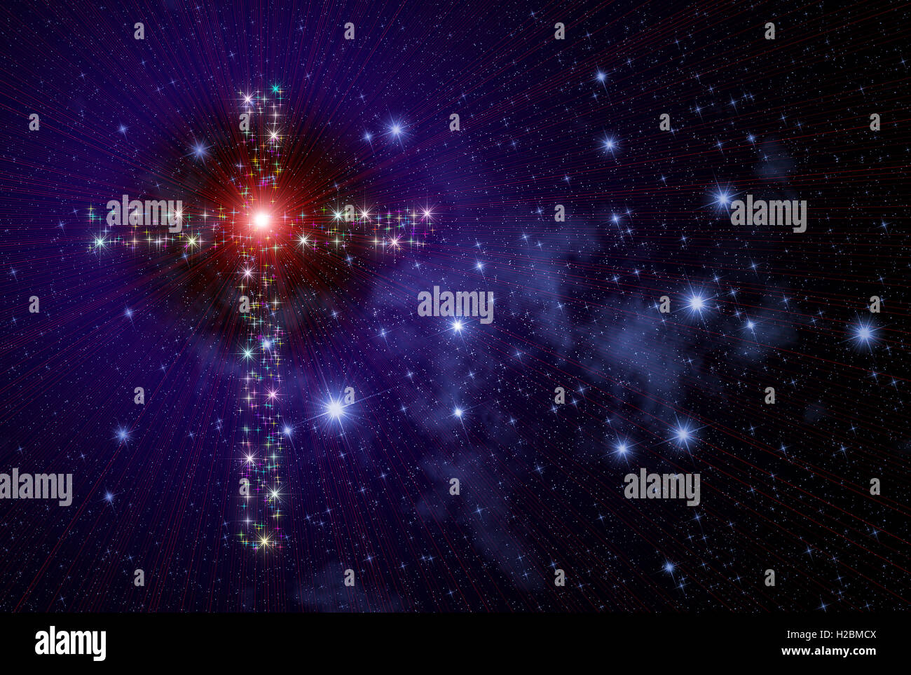 Abbildung, die ein Christentum-Konzept mit dem Raum überfüllt von funkelten funkelnden Sternen und Nebeln und Christian Kreuz zeigt Stockfoto