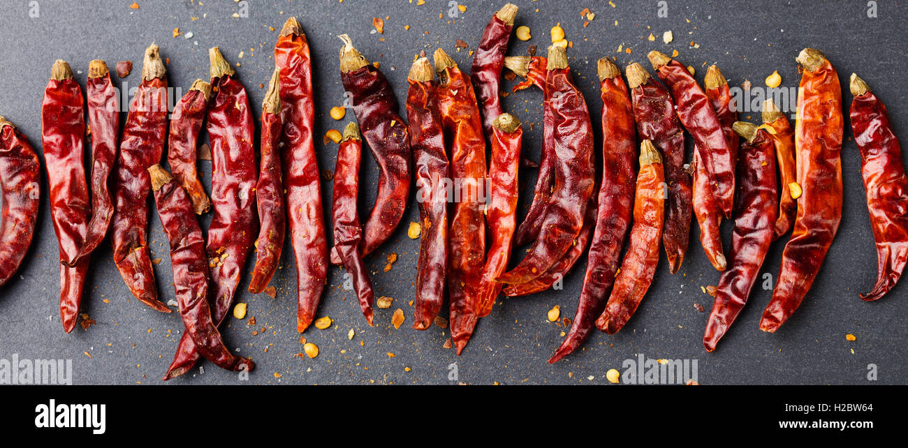 Getrocknete rote Chilischoten auf Schiefer Hintergrund. Kopieren Sie Raum Draufsicht Stockfoto