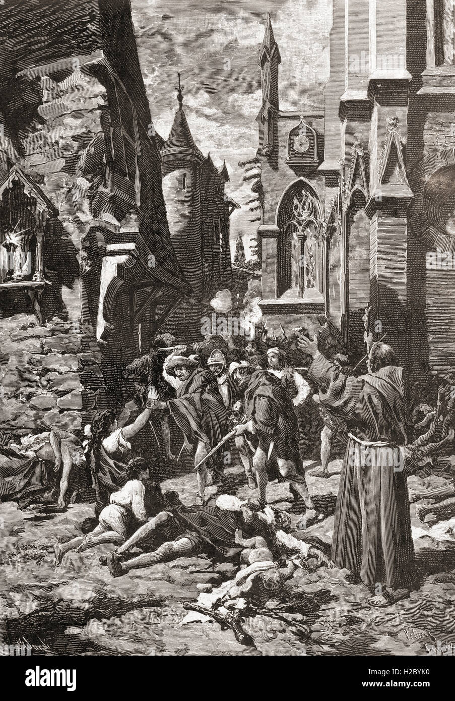 Die St.-Bartholomäus Tag in Paris, Frankreich im Jahre 1572 eine Zielgruppe der Morde und eine Welle von katholischen Mob Gewalt, gegen die Hugenotten (französische calvinistischen Protestanten) während der französischen Religionskriege Massaker. Stockfoto