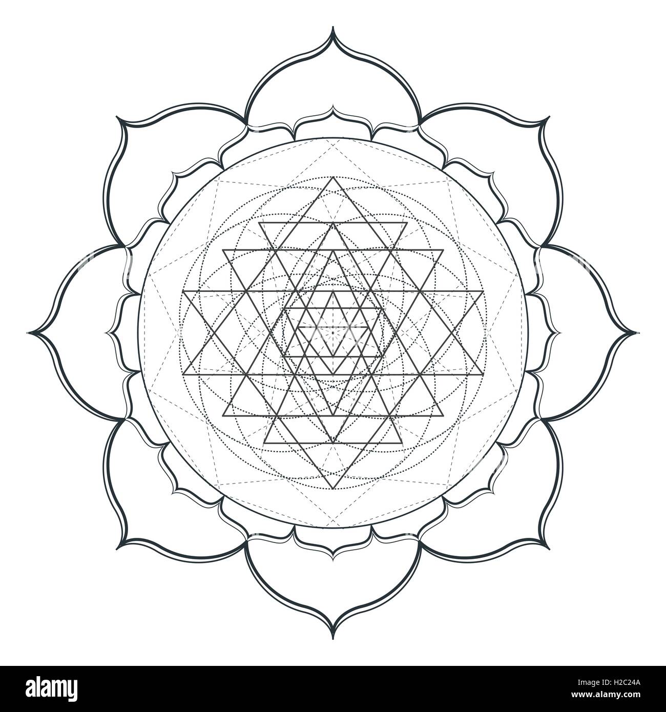 Vektor Kontur monochrome Gestaltung Mandala Heilige Geometrie Abbildung Sri Yantra Lotus weißen Hintergrund isoliert Stock Vektor