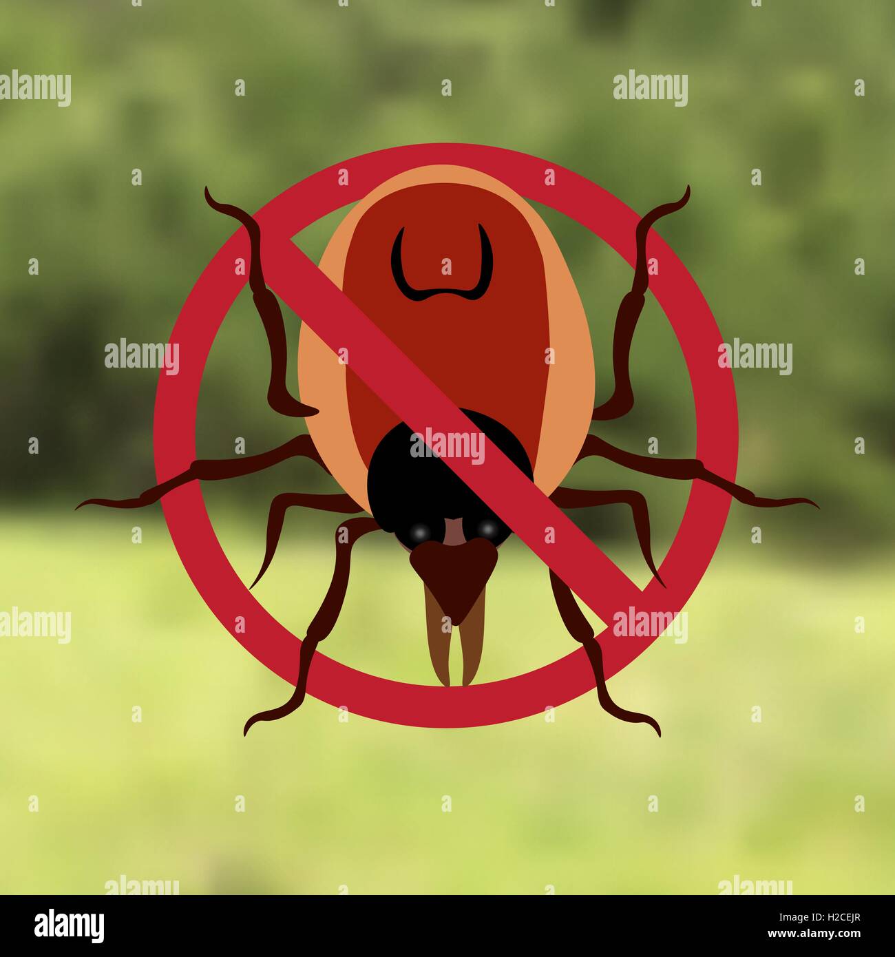 Warnschild Symbol Parasit. Der Wald können Milben sein. Rote Milbe. Epidemie. Milben-Parasiten. Hintergrund aus grünen Wald. Abbildung Stock Vektor