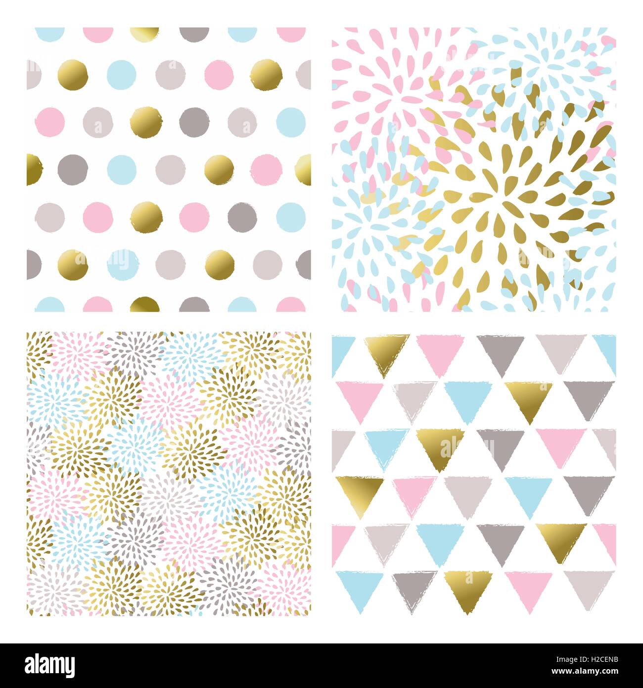 Set von modernen Hintergründen in gold Pastellfarben, nahtlose Muster mit abstrakten geometrischen Formen und handgezeichneten Dekoration. Stock Vektor