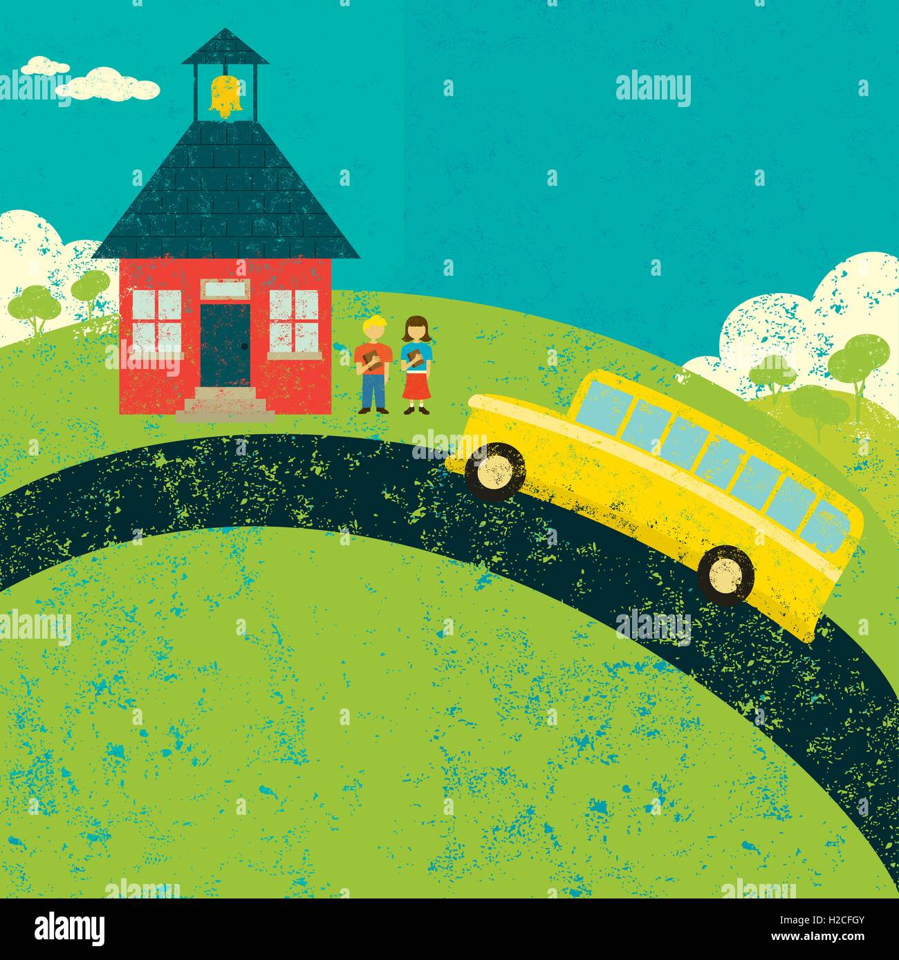 Fangen den Bus nach Schule A Schule, Schüler, Schülerin und Schulbus über eine abstrakte Landschaft Hintergrund. Stock Vektor