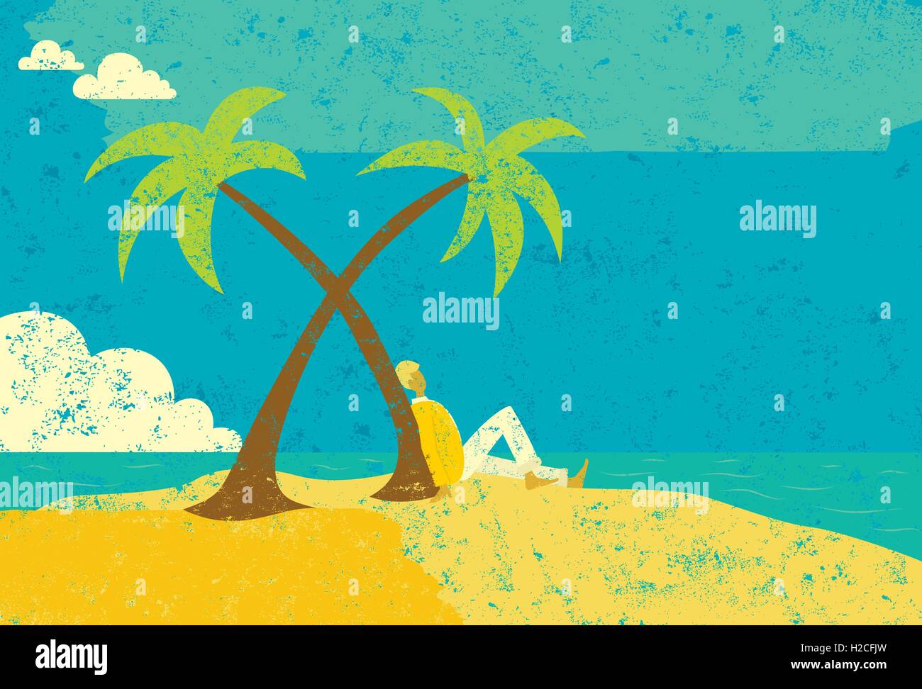 Mann auf einer Insel ein Mann sitzt neben einer Palme auf einer einsamen Insel. Der Mann & Insel und Meer & Himmel sind auf separaten beschriftet Stock Vektor