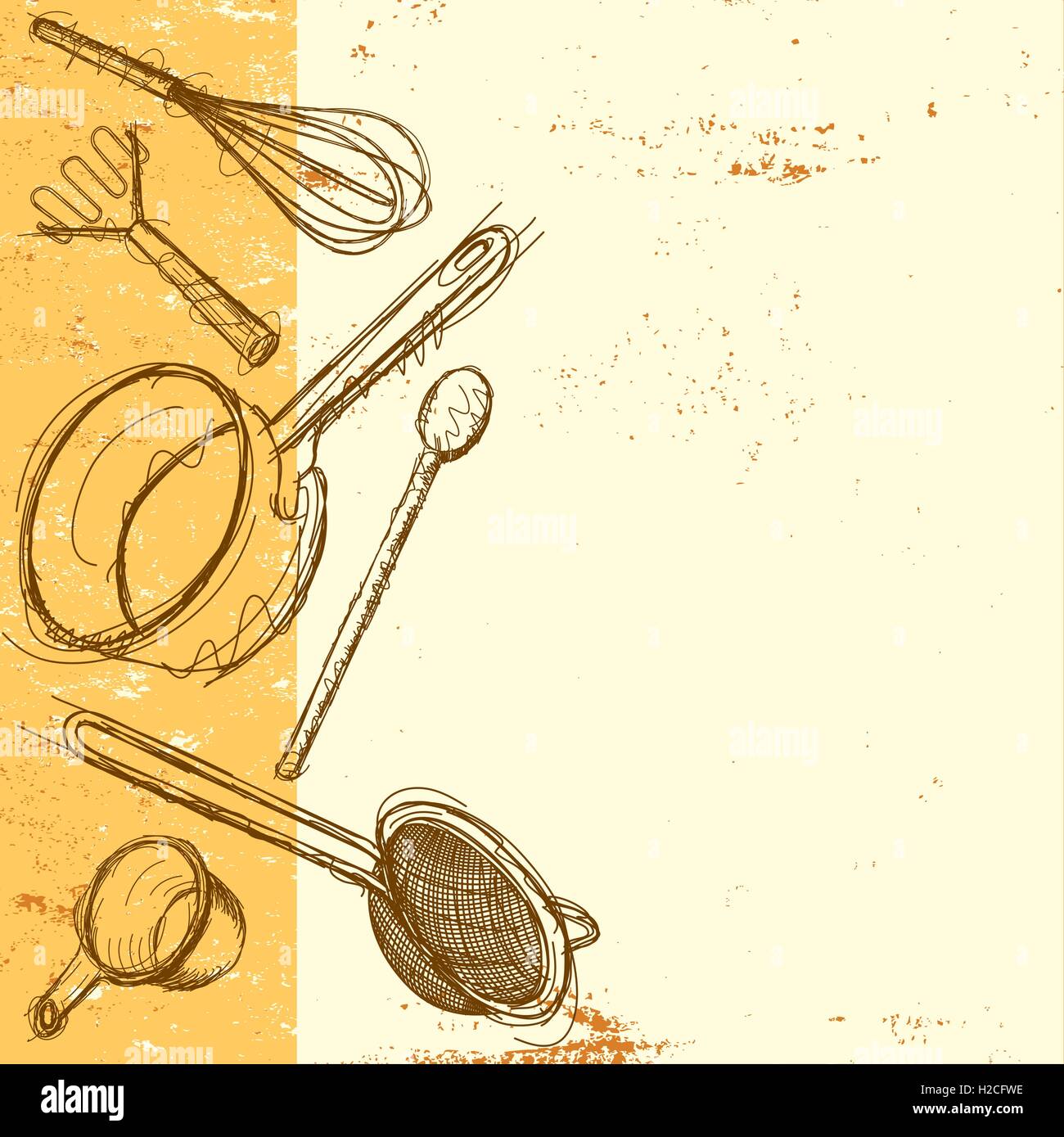 Kochen Utensil Hintergrund Sketchy handgezeichnete Küchenutensilien vor einem abstrakten Hintergrund mit Textfreiraum. Stock Vektor