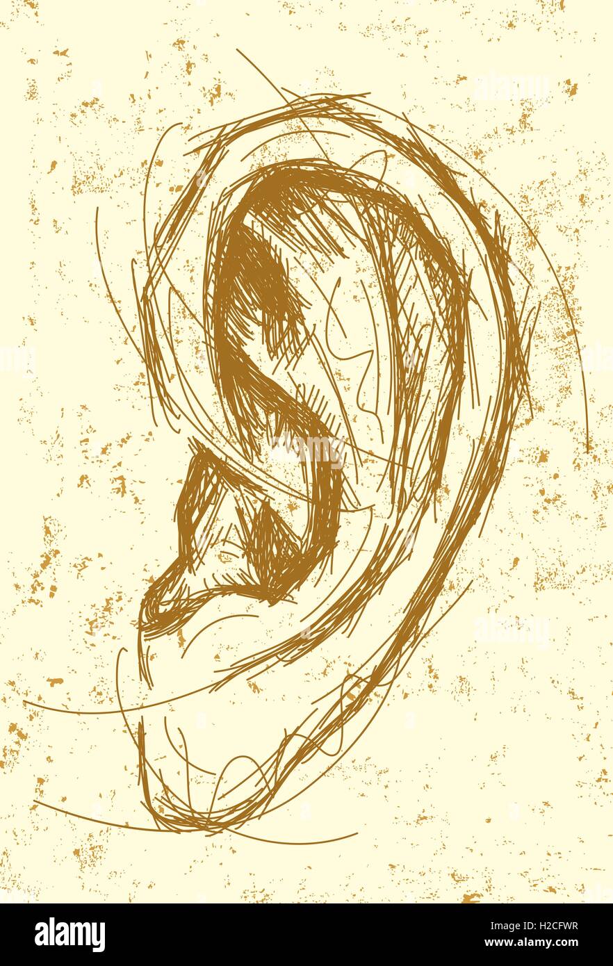 Ohr ein skizzenhaften menschliches Ohr über einen abstrakten Hintergrund zeichnen. Stock Vektor