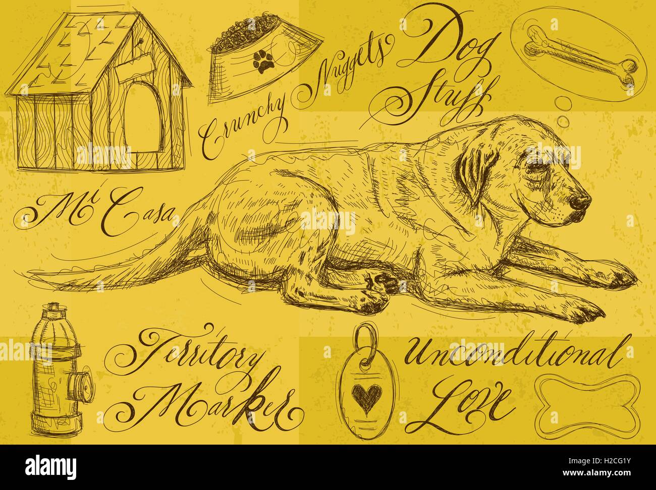 Hund Sachen Sie einen Hund seinen Knochen mit anderen Design-Element Kritzeleien und handgeschriebene Kalligraphie zu denken. Stock Vektor