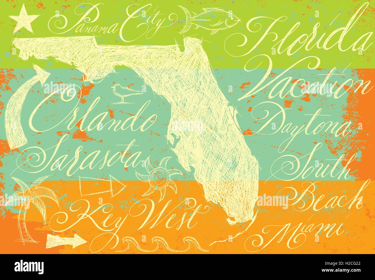 Florida Kritzeleien mit Kalligraphie Hand gezeichneten US-Bundesstaat Florida mit anderen Kritzeleien und handgeschriebene Kalligraphie des beliebtes Urlaubsziel Stock Vektor
