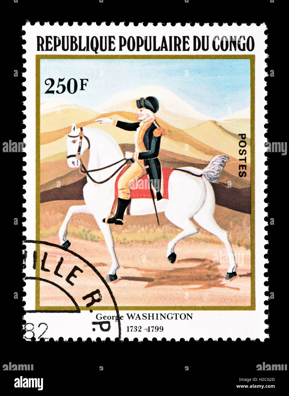 Briefmarke aus dem Kongo, George Washington auf einem weißen Pferd darstellen. Stockfoto