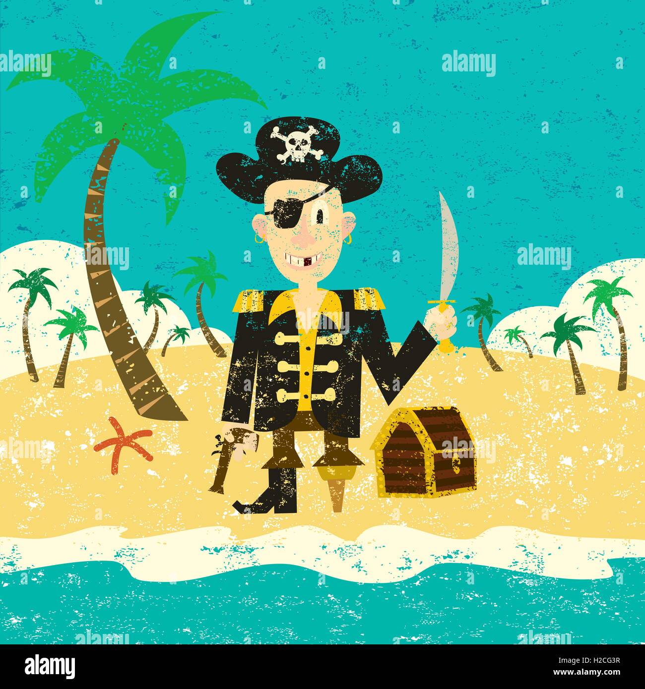 Piraten auf einer Insel mit Schatz A Pirat mit seinem Schatz auf einer einsamen Insel. Stock Vektor