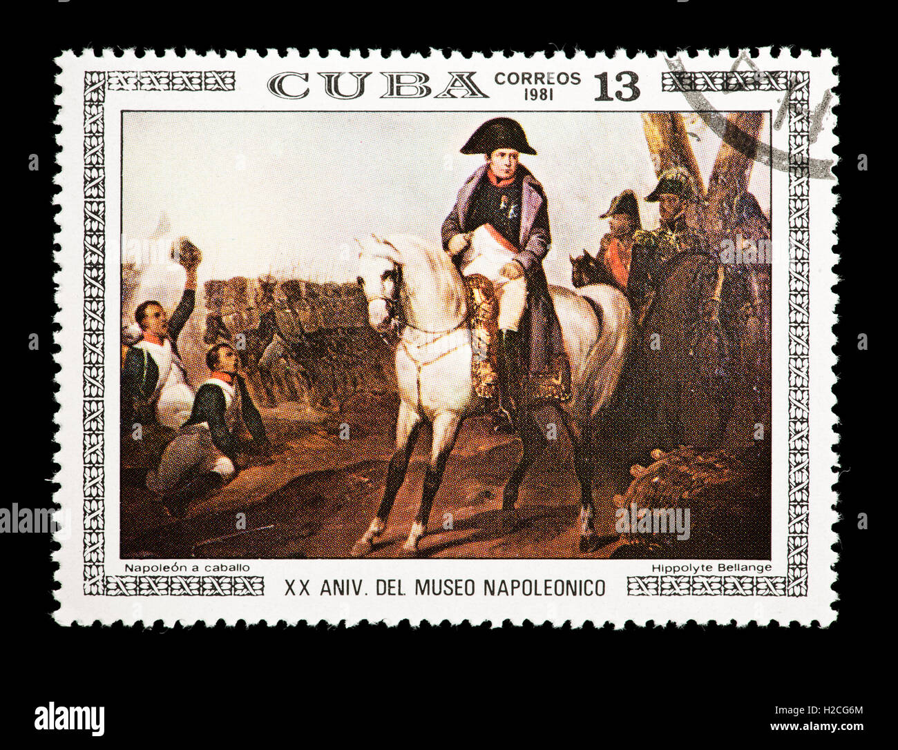 Briefmarke aus Kuba, die Darstellung der Hippolyte Bellange malen Napoleon auf dem Pferderücken. Stockfoto