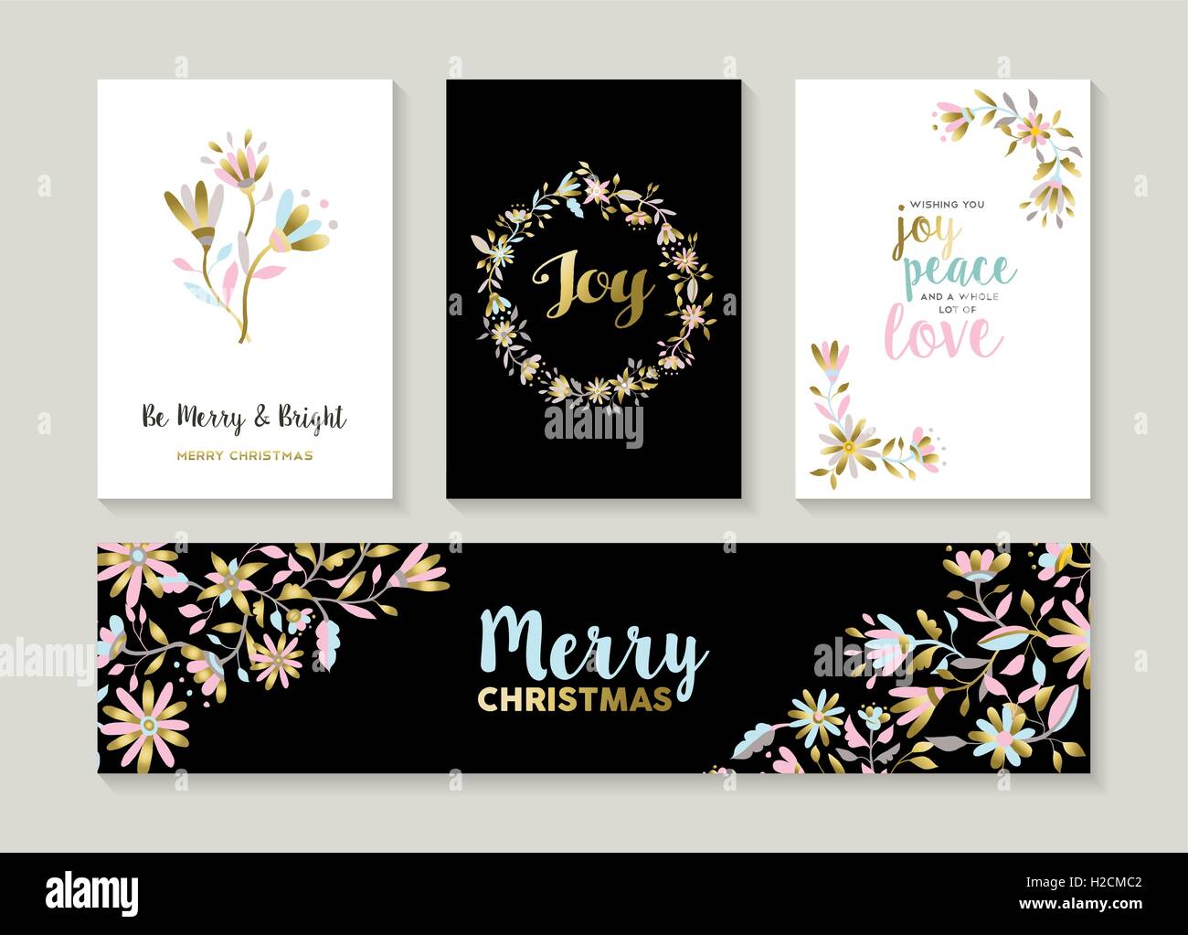 Frohe Weihnachten set gold Blumen-Designs mit glücklich Zitate und Dekoration. Sammlung von Etiketten, Karten, Banner für Urlaub am Meer Stock Vektor