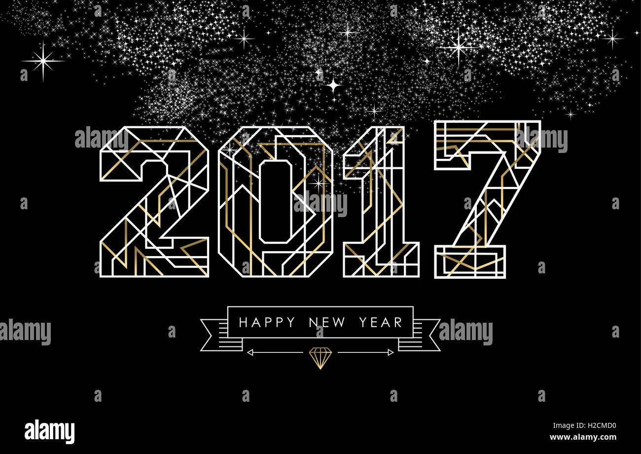 Happy New Year Kartendesign im Art-deco-Stil, Gold und weiß 2017 Schild mit Beschriftung. EPS10 Vektor. Stock Vektor