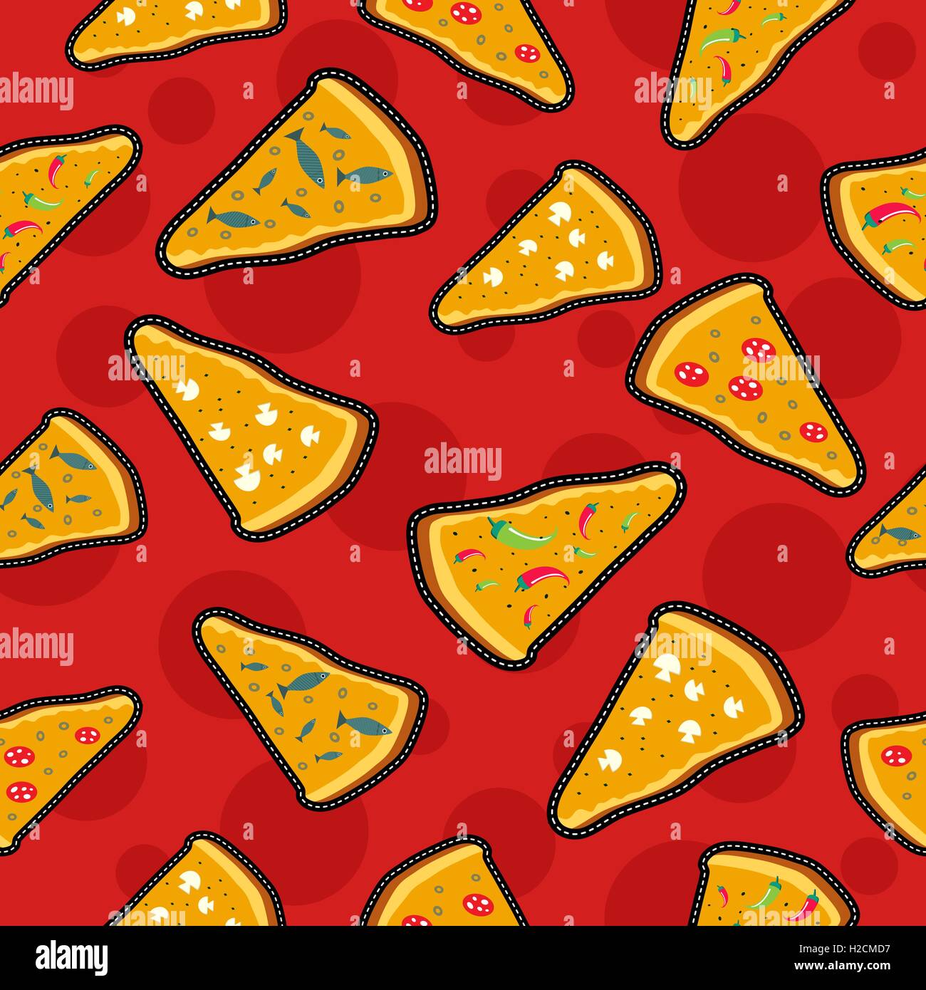 Nahtloses Muster mit Käse Pizza Nähen Patch Symbole, Restaurant Fast-Food Illustration Hintergrund. EPS10 Vektor. Stock Vektor