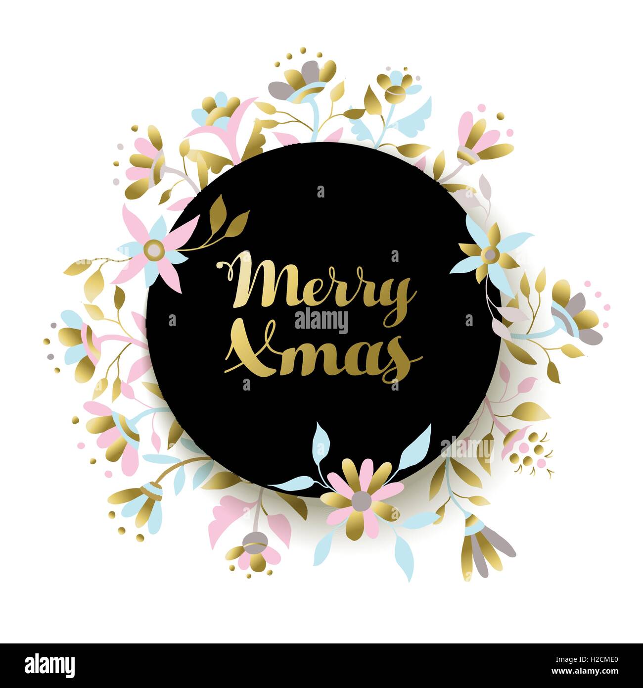Frohe Weihnachten gold-Design mit Kranz Blumenschmuck, florale Xmas-Illustration für Poster oder Grußkarte. EPS10 Vektor. Stock Vektor
