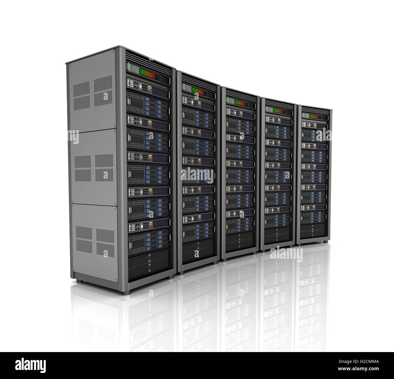 Reihe von Netzwerk-Servern im Data center isolierten auf weißen Hintergrund. 3D illustration Stockfoto