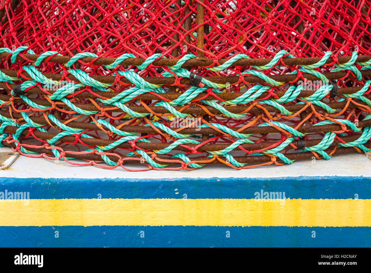 Nahaufnahme von Stapel von Krabben Töpfe auf dem Kai am Harbour Grace, Neufundland und Labrador, Kanada. Stockfoto