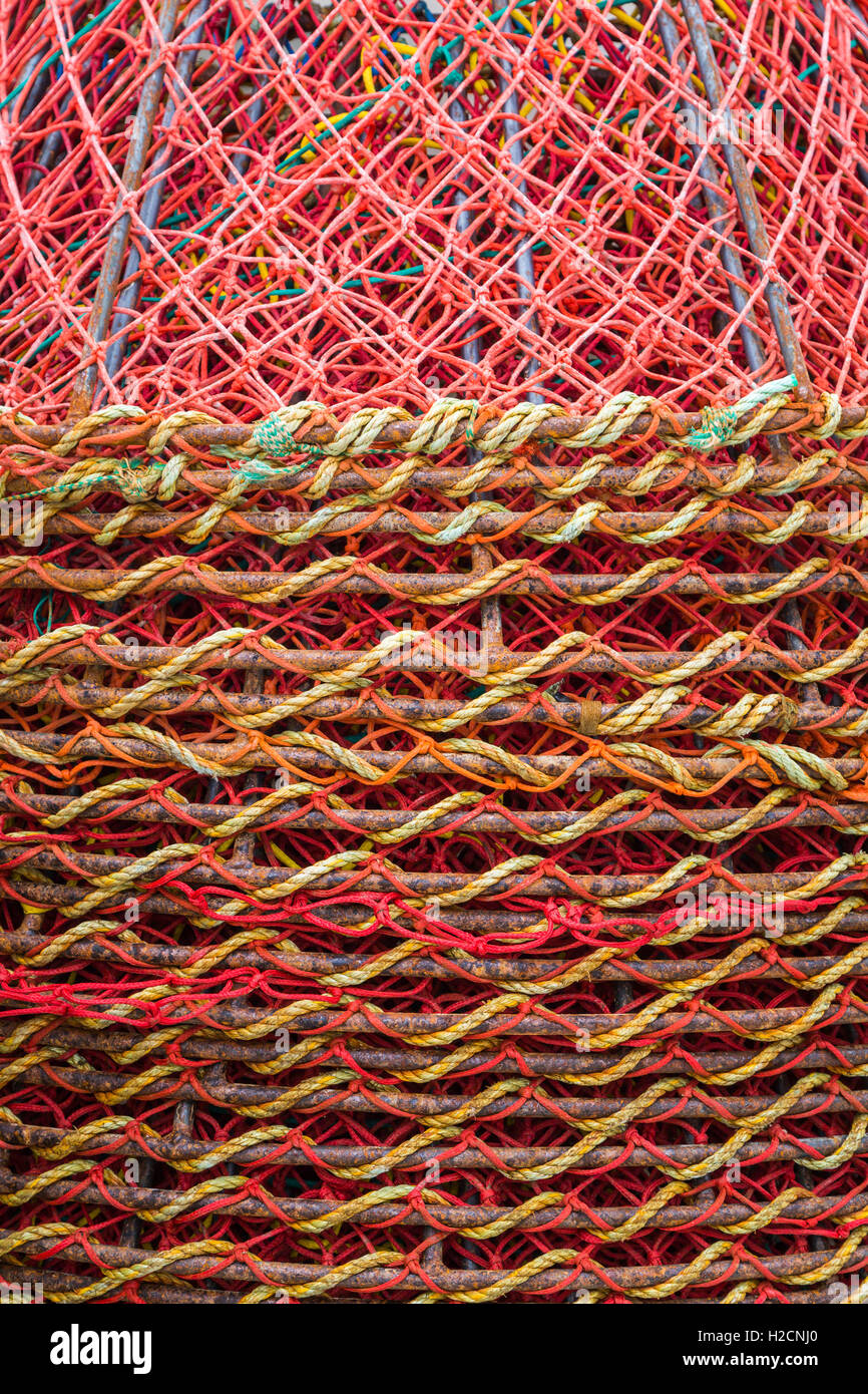 Nahaufnahme von Stapel von Krabben Töpfe auf dem Kai am Harbour Grace, Neufundland und Labrador, Kanada. Stockfoto