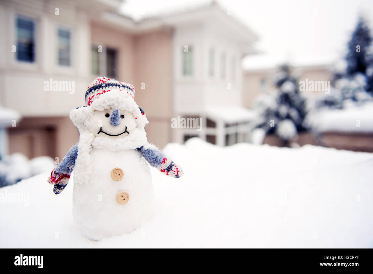 Schneemann vor Hof Stockfoto