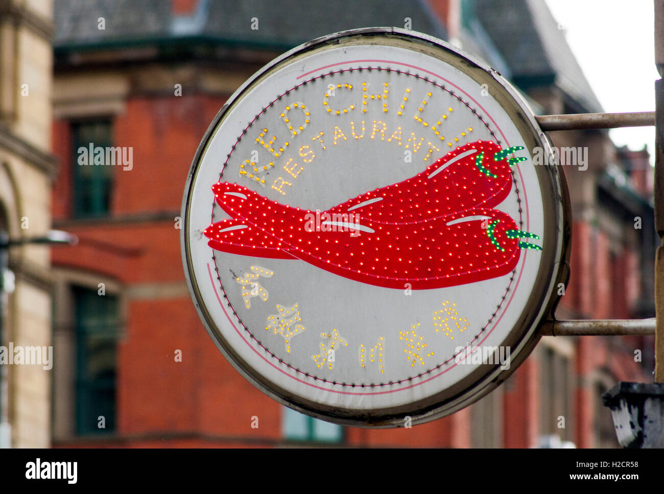 Rote Chilis Restaurant Zeichen Chinatown Manchester Stockfoto