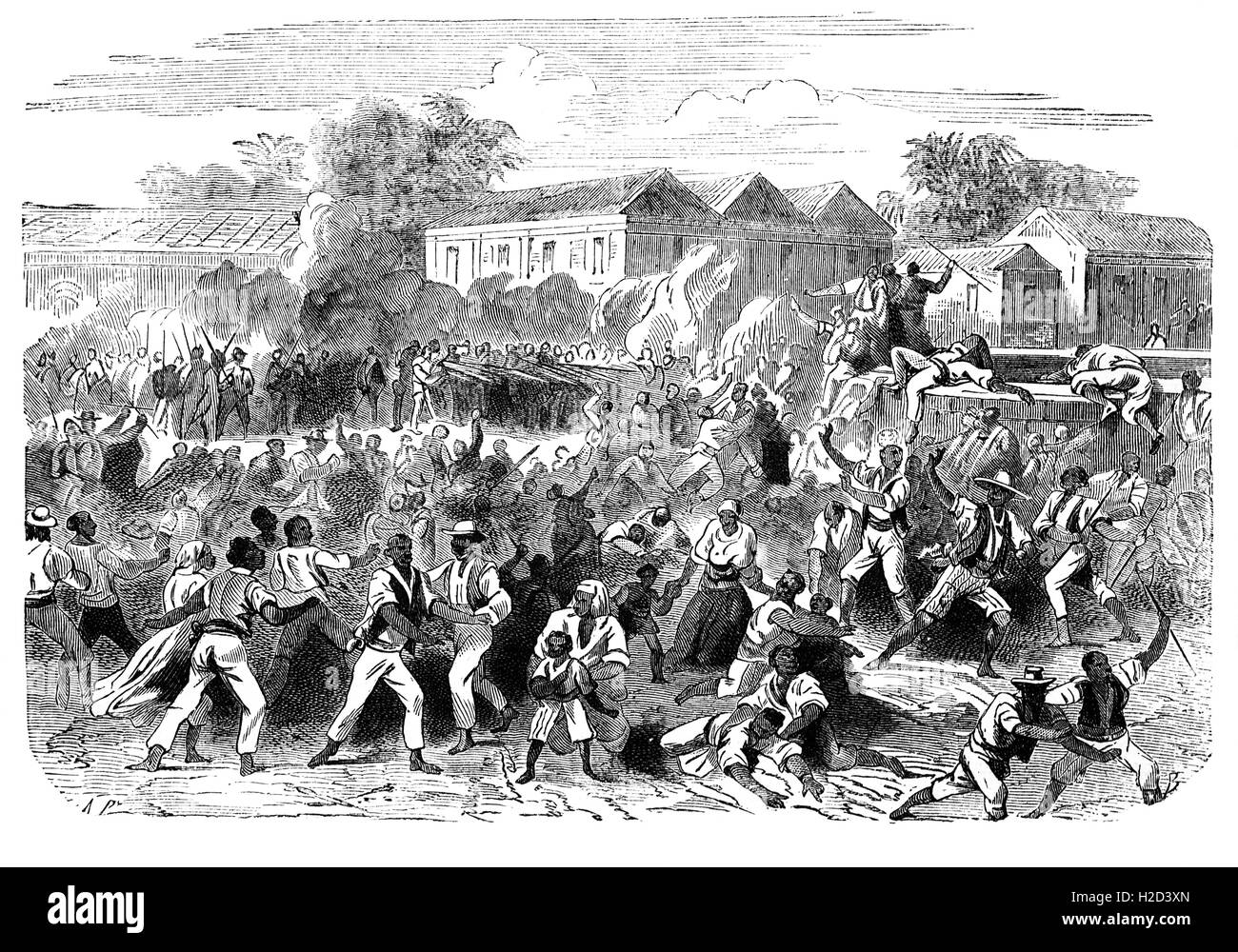 Der Morant-Bay-Aufstand (11. Oktober 1865) begann mit einem Protestmarsch damals zum Gericht von Hunderten von schwarzen Bauern unter der Leitung von Prediger Paul Bogle in Morant Bay, Jamaika. Einige wurden mit Stöcken und Steinen bewaffnet. Nach sieben Männer erschossen und durch die freiwillige Miliz getötet wurden, die Demonstranten angegriffen und brannte der Hof Haus und in der Nähe von Gebäuden. Insgesamt 25 Menschen starben an diesem Tag. Stockfoto
