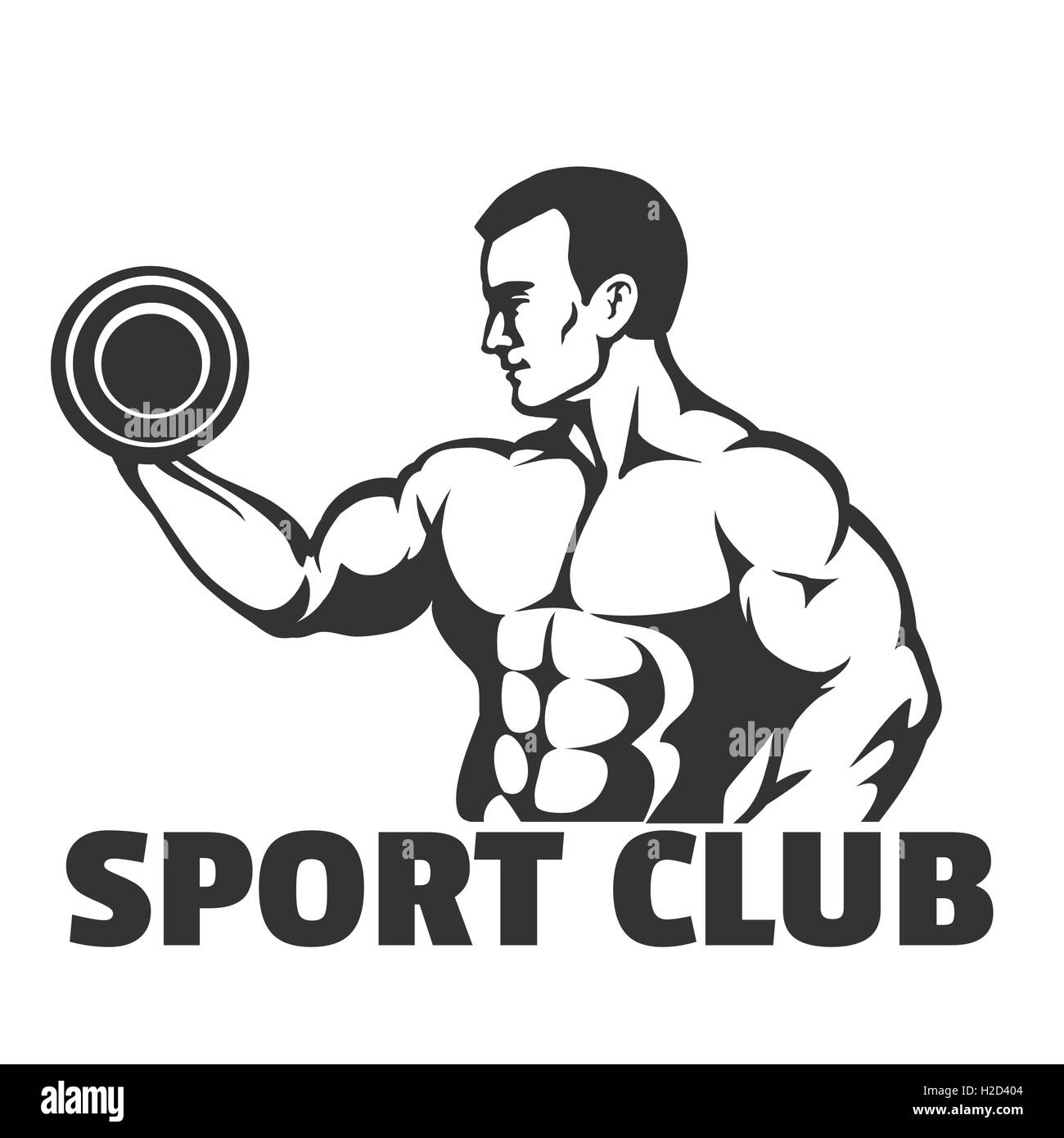Bodybuilding. Fitness-Studio oder Sport Club-Emblem. Bodybuilder, die Übung für Bizeps. Vektor-Illustration. Stock Vektor