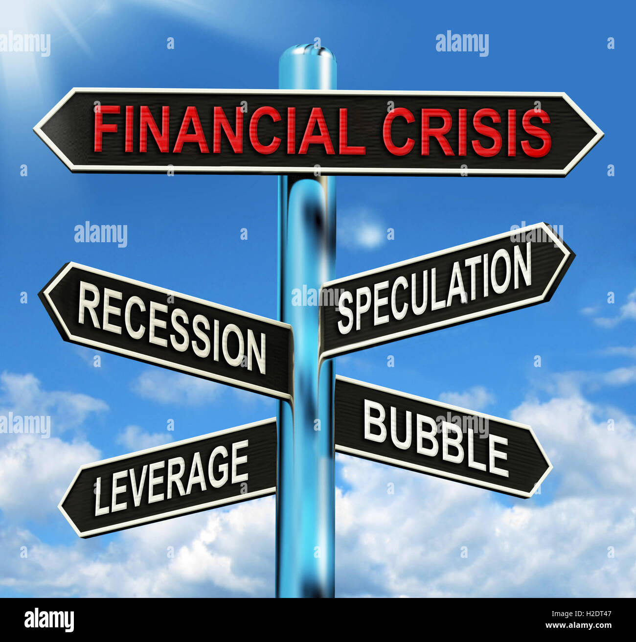 Finanzkrise-Wegweiser zeigt Rezession Spekulation Hebel A Stockfoto