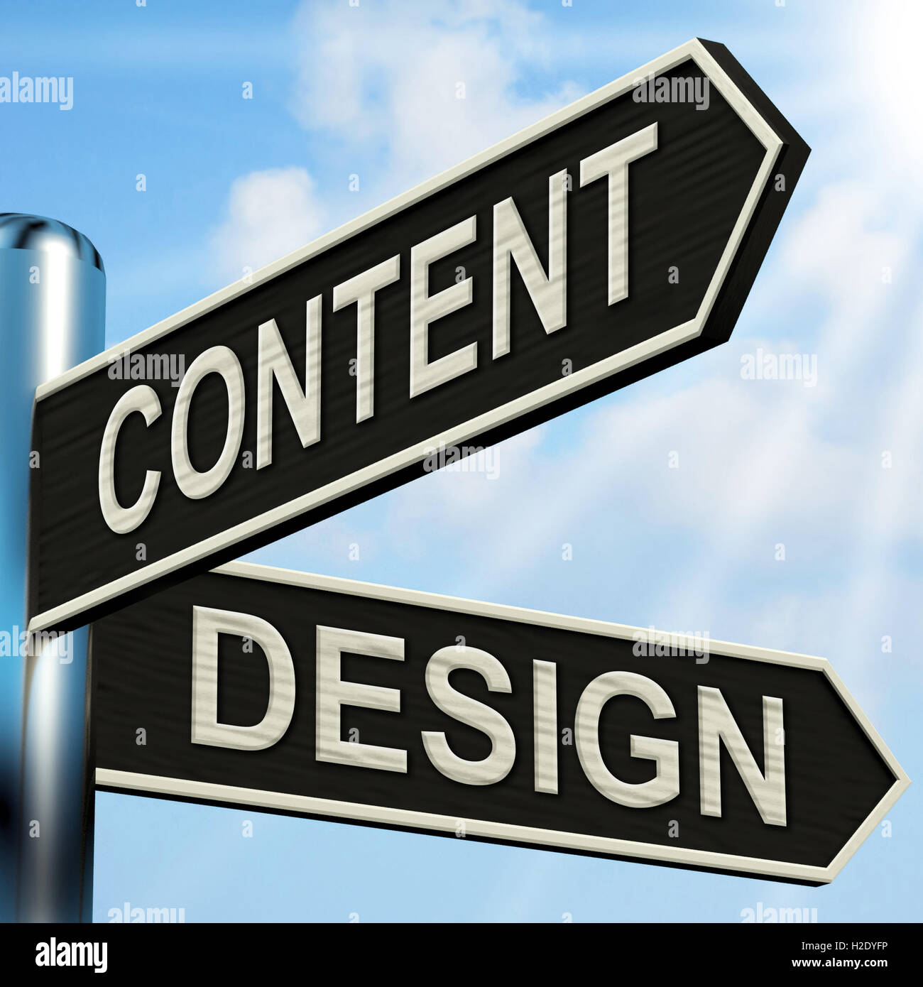 Content-Design Wegweiser bedeutet Nachricht und Grafiken Stockfoto