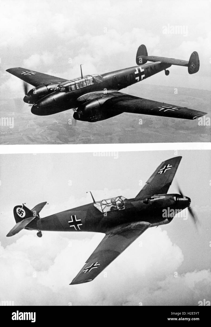 Das Bild der Nazi-Propaganda zeigt zwei Kampfflugzeuge der deutschen Wehrmacht. Das obere Bild zeigt einen Kämpfer vom Typ Messerschmitt Bf110 und das untere Bild vom Typ Messerschmitt Bf 109. Das Foto wurde im Dezember 1940 veröffentlicht. Fotoarchiv für Zeitgeschichte- KEIN KABELDIENST - | weltweite Nutzung Stockfoto