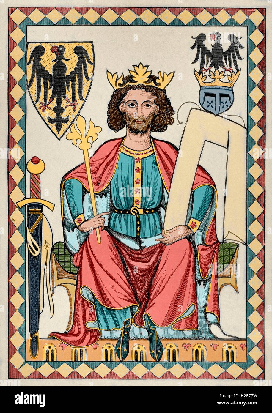 Heinrich IV. (1050-1106). Kaiser des Heiligen Römischen Reiches. Porträt. Kupferstich, 14. Jahrhundert. Farbige. Stockfoto