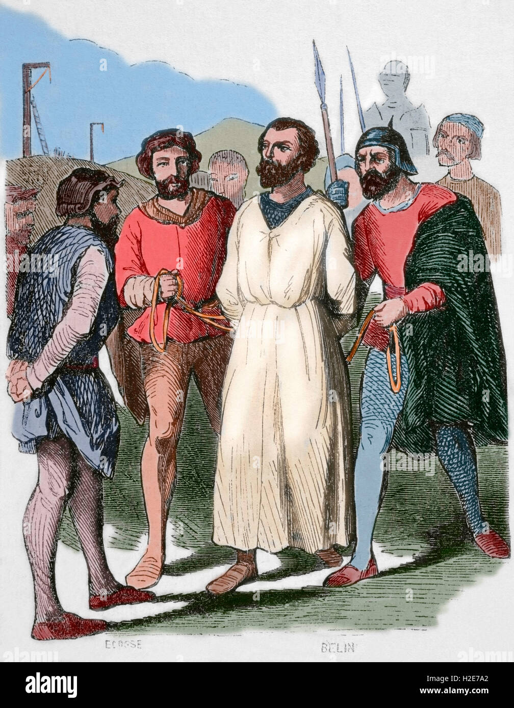 Enguerrand de Marigny (1260-1315). Französische Chamberlain und Ministe. Gravur Darstellung Marigny zu seiner Hinrichtung in den Galgen Montfaucon, 30 April 1315 angetrieben. des 19. Jahrhunderts. Farbige. Stockfoto Enguerrand de Marigny (1260-1315). Französische Chamberlain und Ministe. Gravur Darstellung Marigny zu seiner Hinrichtung in den Galgen Montfaucon, 30 April 1315 angetrieben. des 19. Jahrhunderts. Farbige. Stockfoto