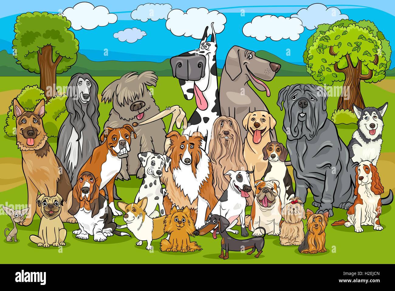 Cartoon-Illustration von reinrassigen Hunden große Gruppe gegen ländliche Landschaft oder Park Szene Stock Vektor