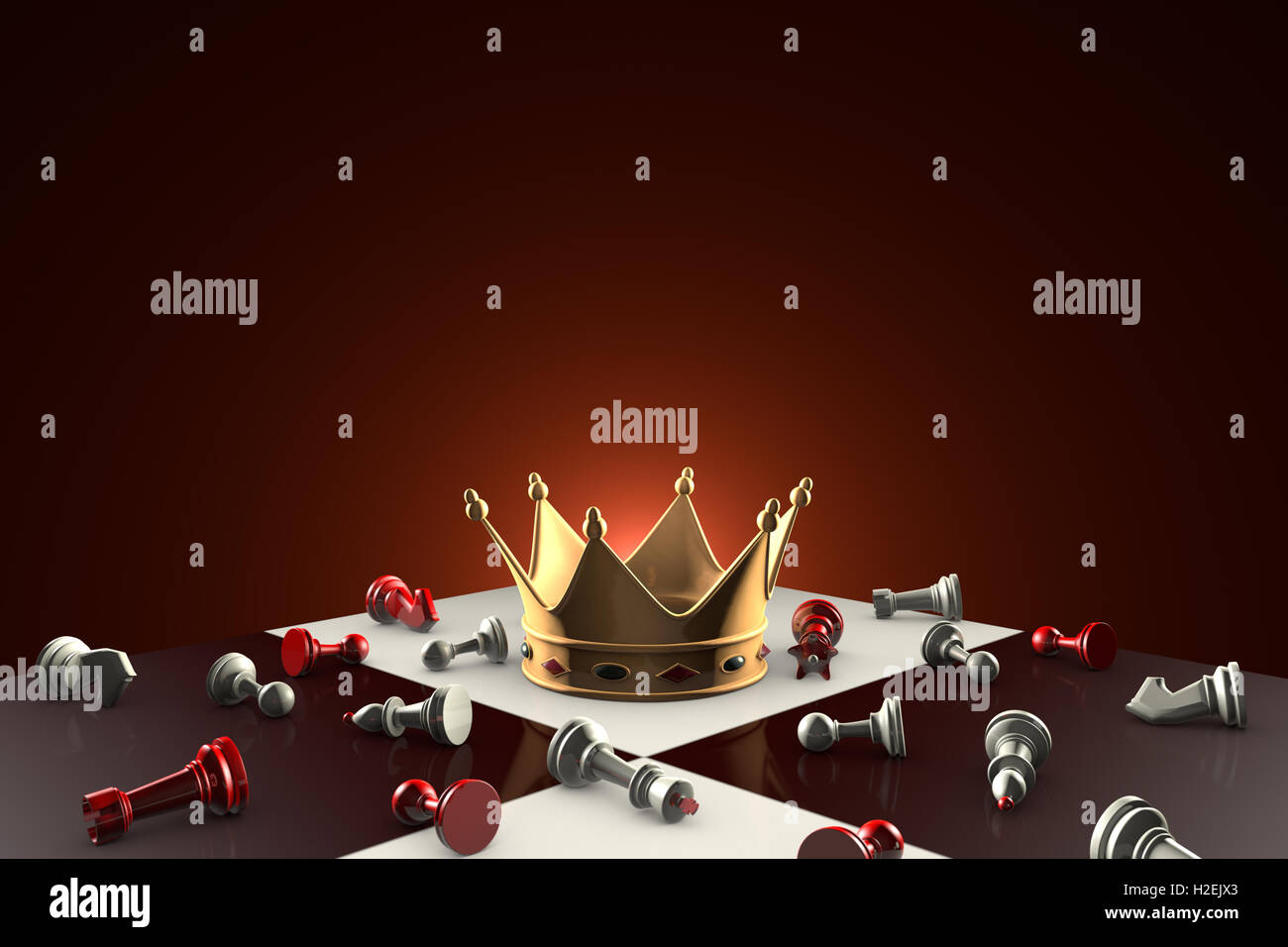 Goldene Krone auf dem Schachbrett. Viele kleine Schach. Dunkelroten künstlerischen Hintergrund. Stockfoto