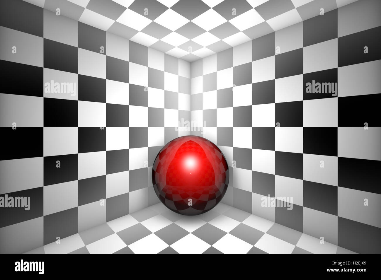 Rote Kugel in schwarz / weiß quadratisch. 3D Illustration. Stockfoto