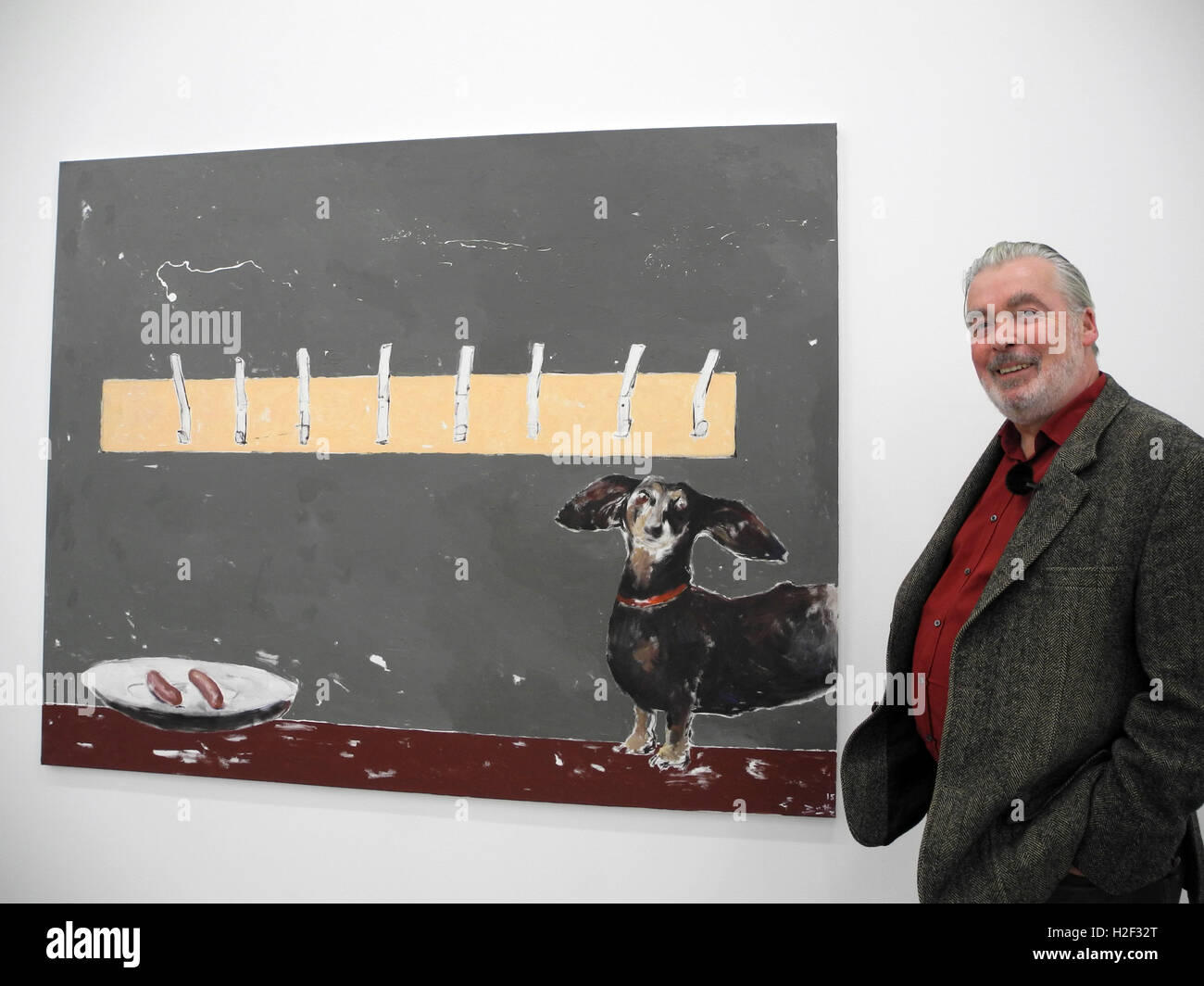 New York, USA. 26. Oktober 2016. Hamburger Maler Werner Büttner stand vor dem Gemälde Megastrenge Komposition "in der Marlborough Chelsea Gallery in New York, USA, 26. Oktober 2016. Seine Ausstellung "Armen Seelen" läuft bis zum 3. Dezember 2016 zur Verfügung. Foto: JOHANNES SCHMITT-TEGGE/Dpa - NO WIRE SERVICE - © Dpa/Alamy Live-Nachrichten Stockfoto